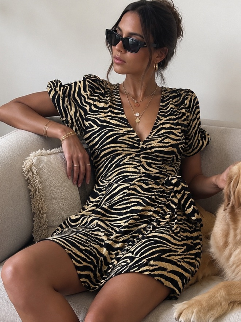 Faithfull the Brand Zebra-Print V-Neck Mini Dress in Black and Cream